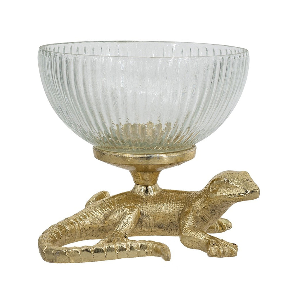 Gold Lizard Pedestal Bowl with Ribbed Glass Dish - Gold+Clear