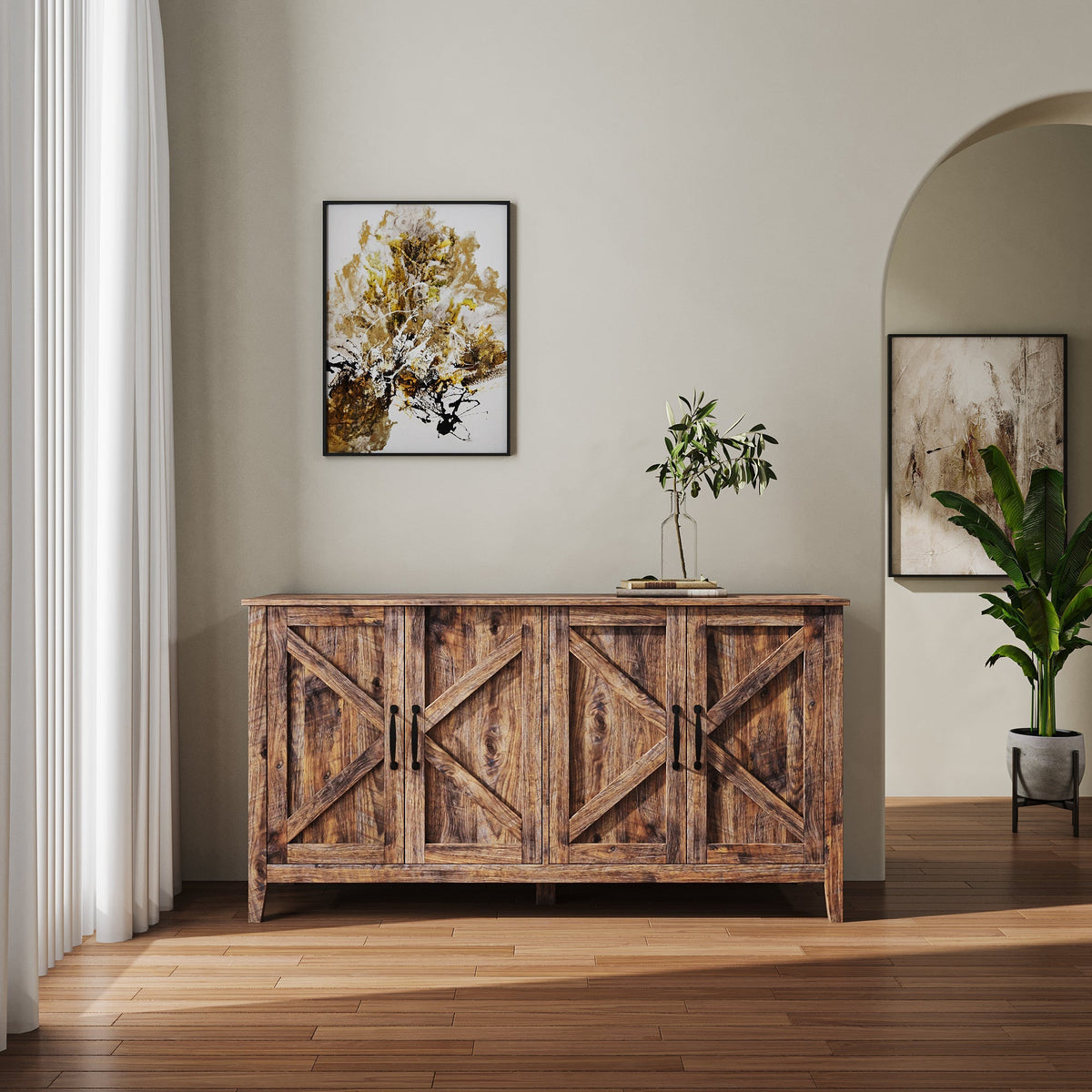 Cabinet with 4 Doors and 4 Open Shelves Freestanding Sideboard - Melamine Finish