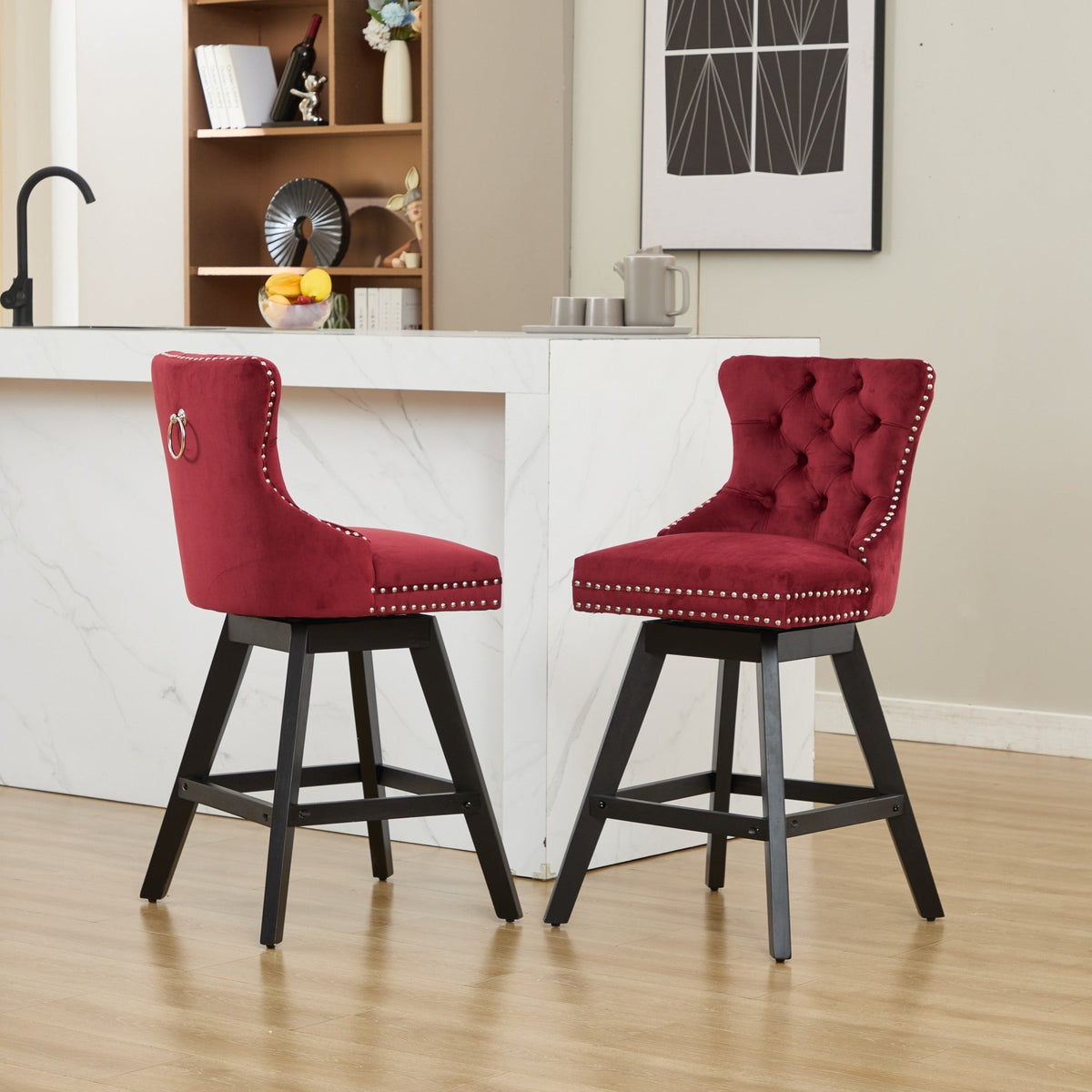 Swivel Velvet Barstools with Button Tufted Decoration - Set of 2 with 360° Swivel - Wine Red