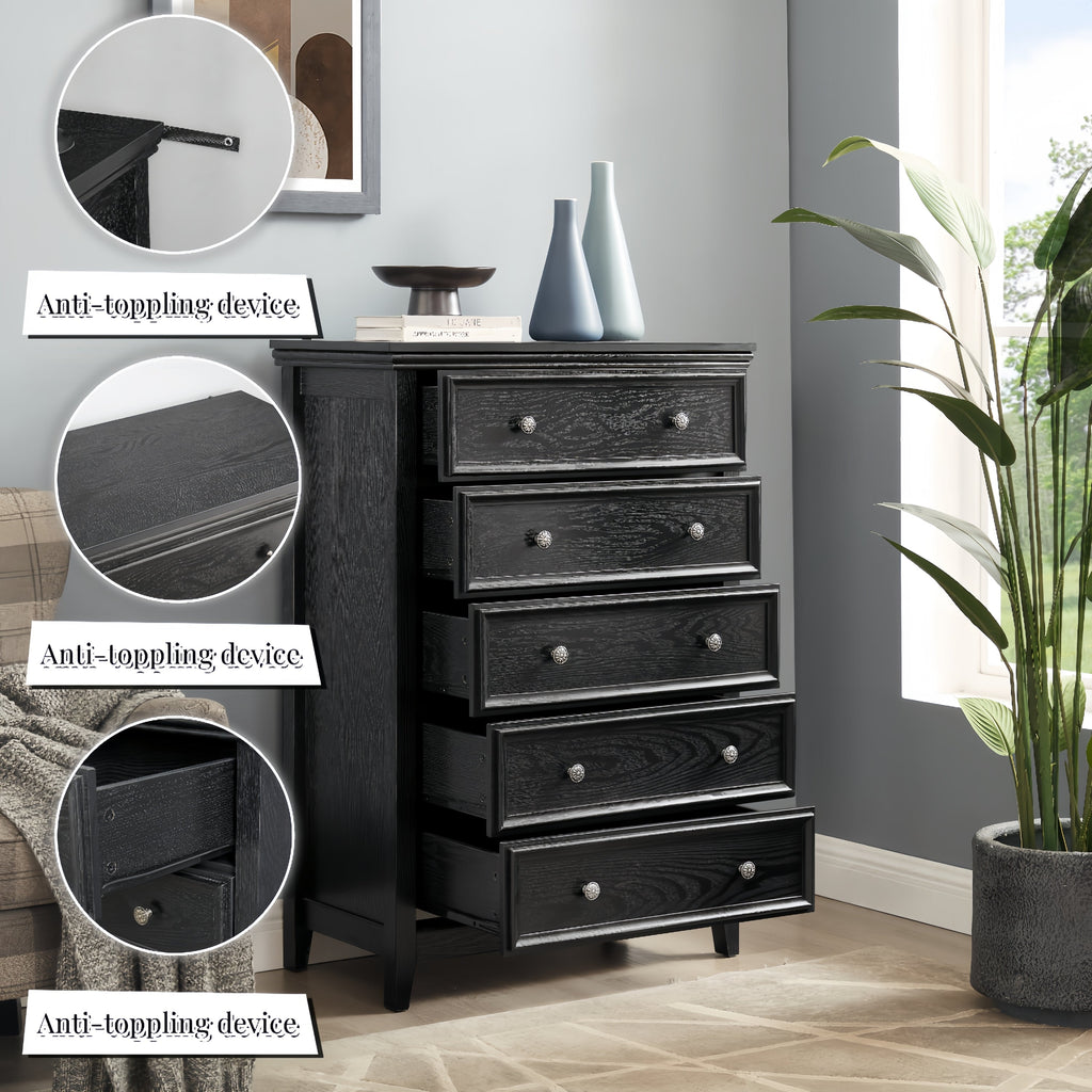 Modern 5-Drawer Black Dresser with Metal Handles - Black