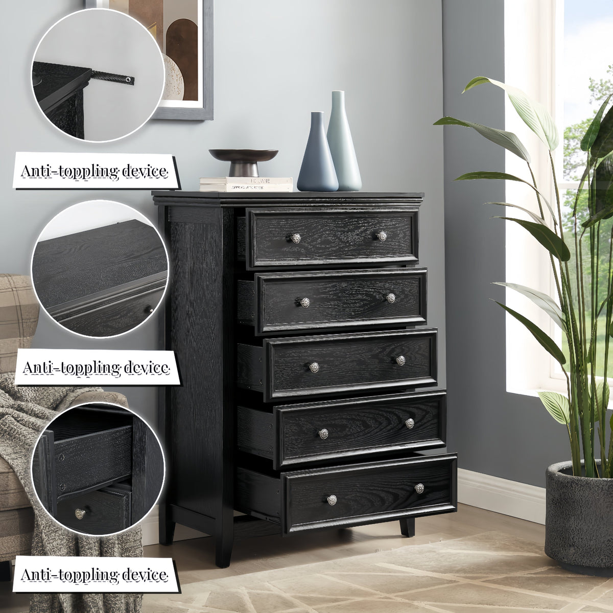 Modern 5-Drawer Black Dresser with Metal Handles - Black