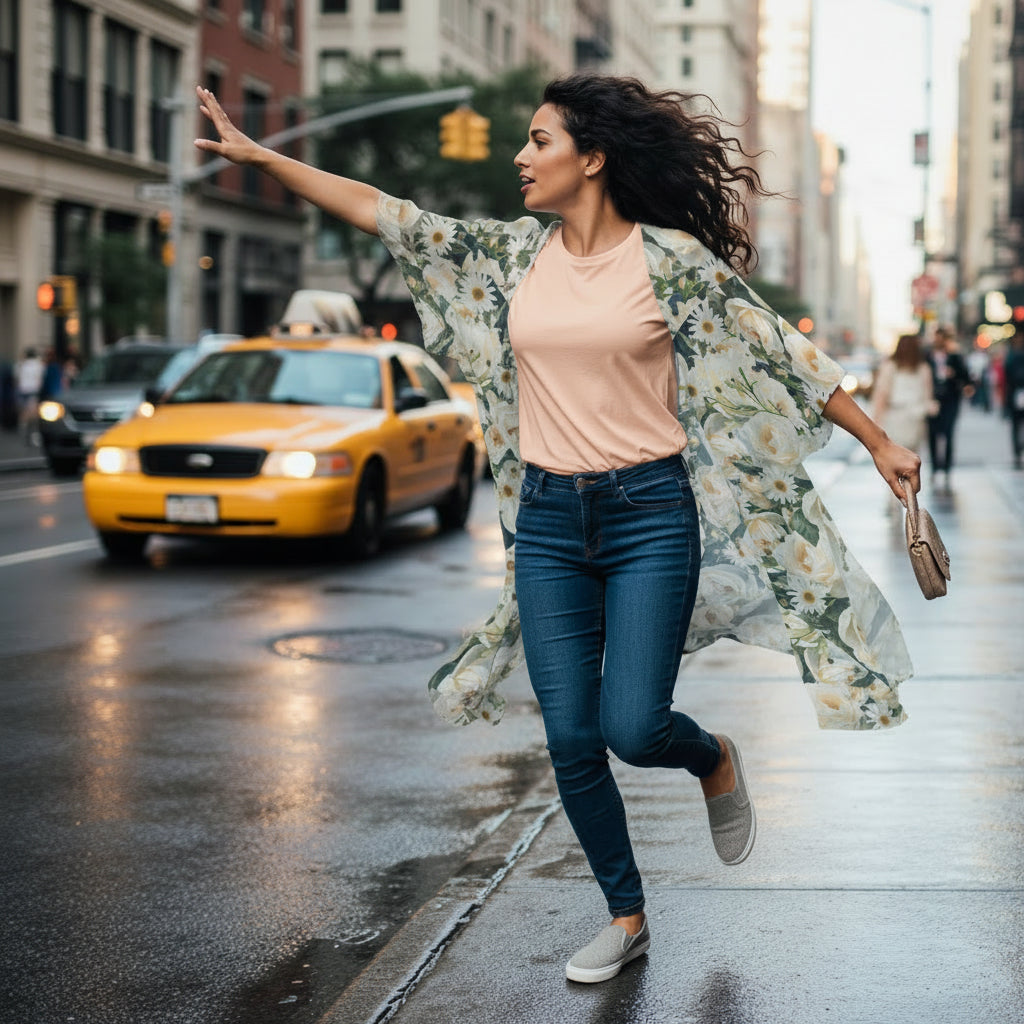 Floribunda and Indigo - Roses and Daisies -Chiffon Kimono - Women's Long Cover Up