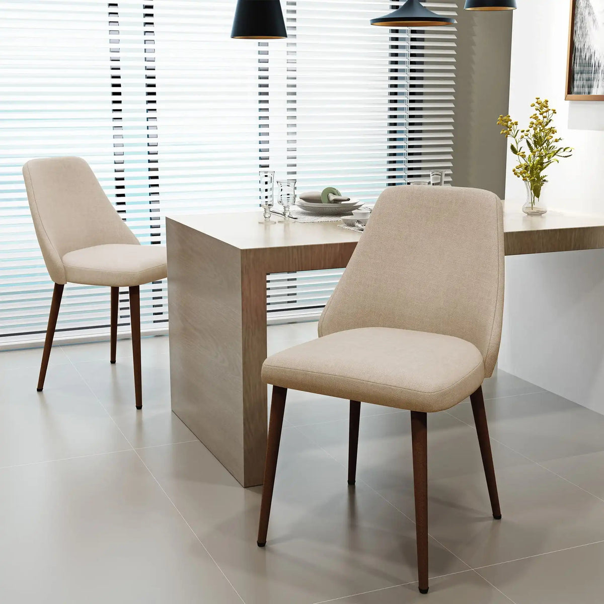 Modern Dining Chair with Iron Legs and Wood Finish - Dark Gray or Light Brown