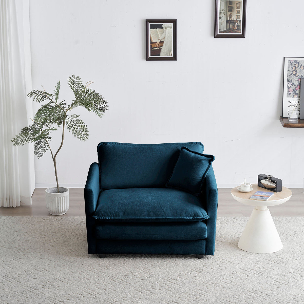 Comfy Deep Single Seat Sofa Upholstered Armchair with Toss Pillow - Blue Chenille