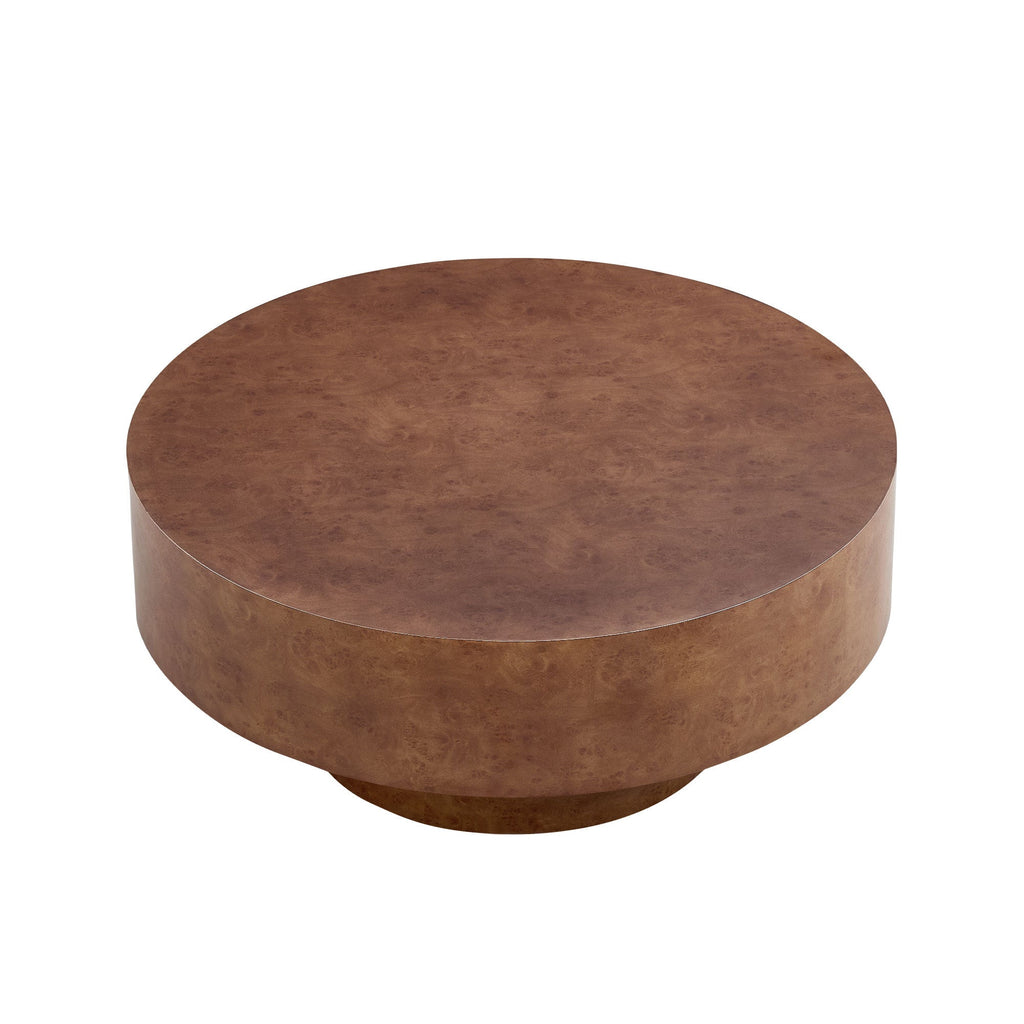Faux Burl Wood Round Coffee Table with Sturdy Pedestal - Walnut