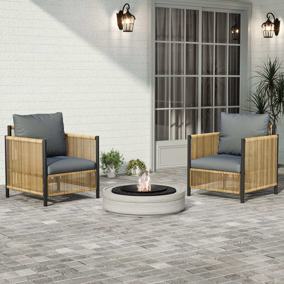 Brown PE Wicker Outdoor Sofa Set with Removable Grey Cushions - 2 Pieces