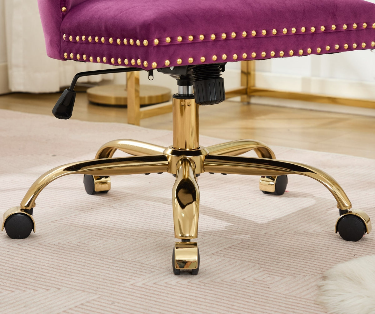 Purple Modern Velvet Upholstered Office Chair with Tufted Buttons - Golden Accents