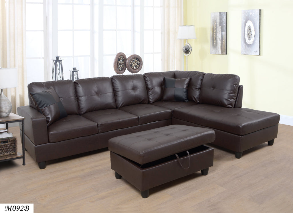 Brown Faux Leather Sectional Sofa Set with Left-Facing Chaise - Brown