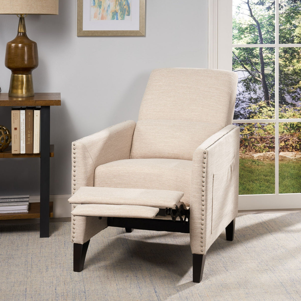 Kiersten Contemporary Fabric Pushback Recliner with Nailhead Trim - Gray, Light Blue, or Beige