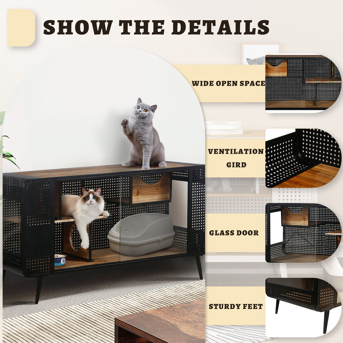 Modern Spacious Cat House with Fir Wood and Iron Frame - Black & Brown