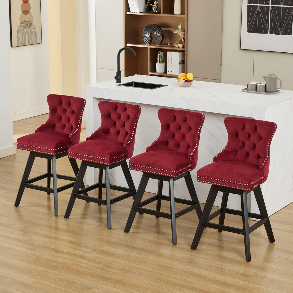 Swivel Velvet Barstools with Button Tufted Decoration - Set of 2 with 360° Swivel - Wine Red