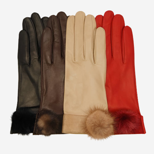 CS4033 (brown) - Women's Italian Silk Lined Lambskin Leather Gloves with Mink PomPom