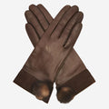 CS4033 (brown) - Women's Italian Silk Lined Lambskin Leather Gloves with Mink PomPom