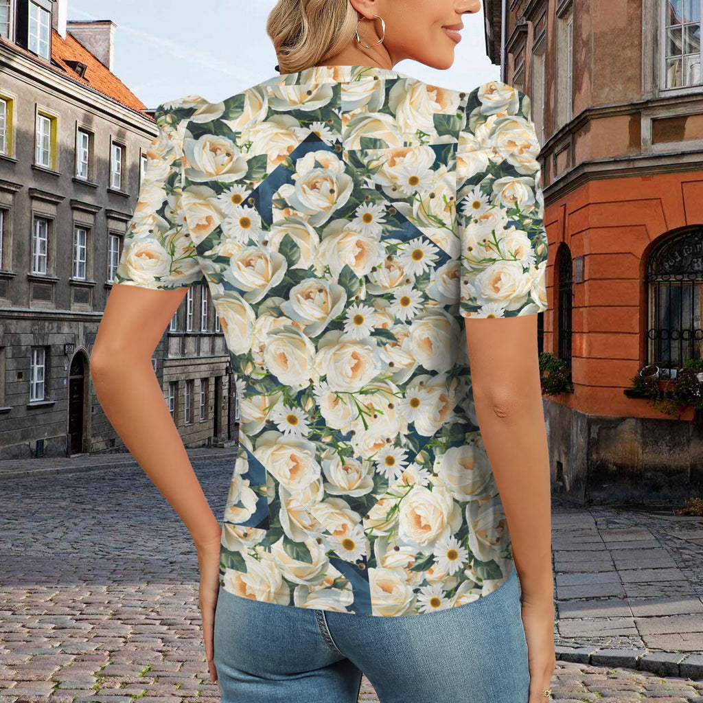 Floribunda and Indigo Puff Sleeve Top - Back Alley Exclusive