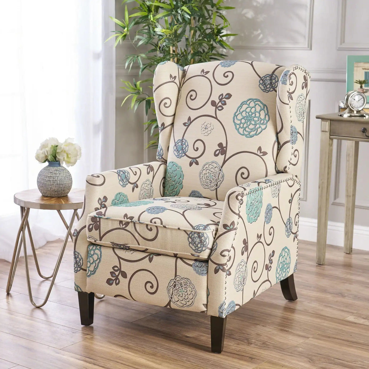 Westeros Wing Back Fabric Upholstered Recliner with Studded Trim – Multiple Colors