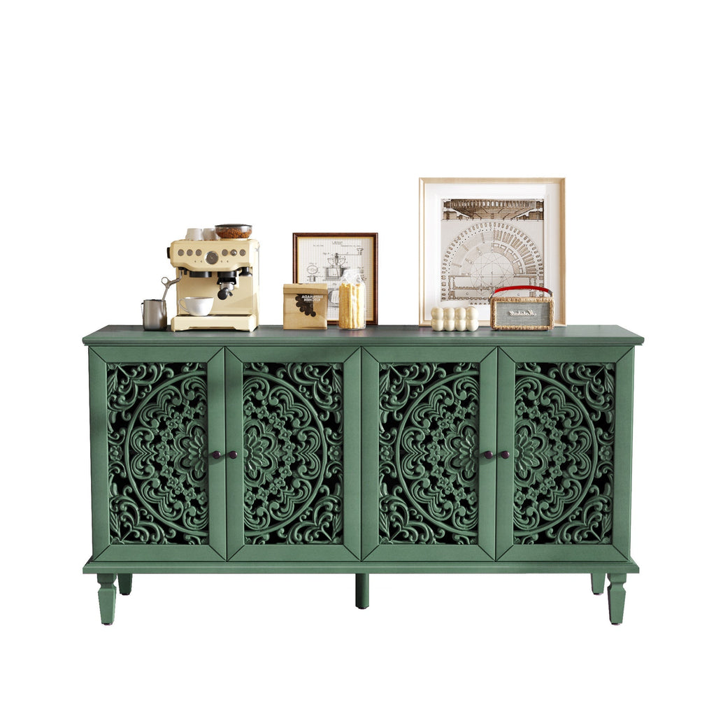 60-Inch Antique Buffet Cabinet with Floral Carvings - Antique Green