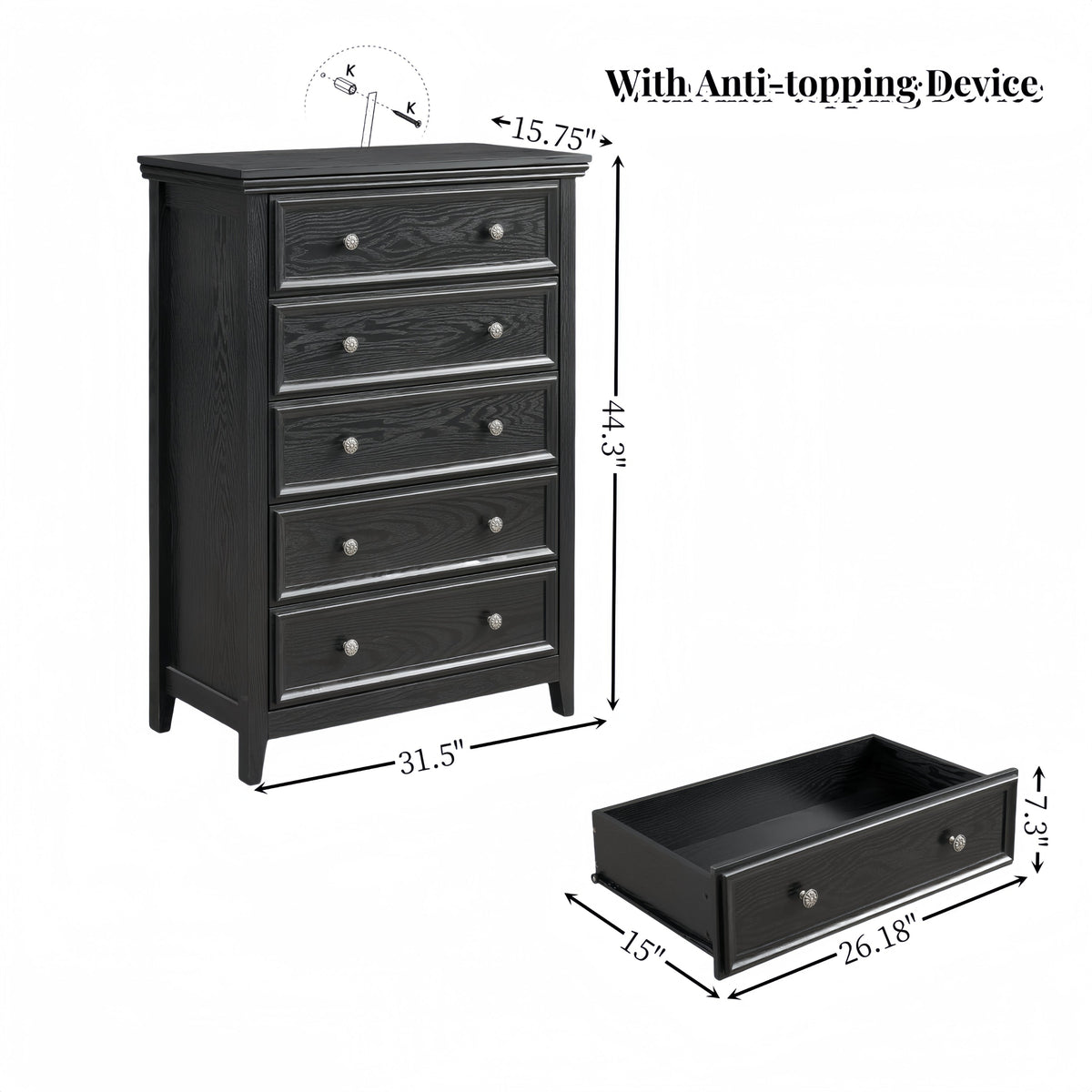 Modern 5-Drawer Black Dresser with Metal Handles - Black