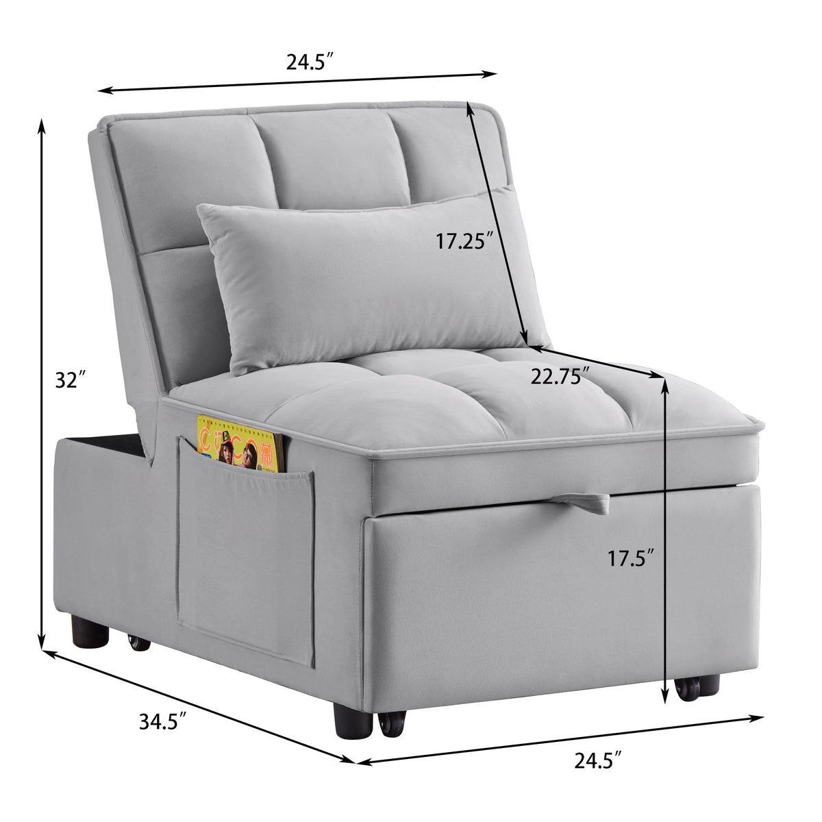 4 in 1 Multi-Function Single Sofa Bed with Adjustable Backrest - Gray