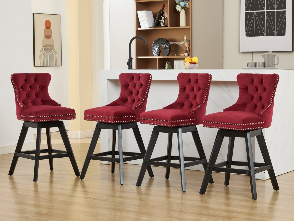 Swivel Velvet Barstools with Button Tufted Decoration - Set of 2 with 360° Swivel - Wine Red