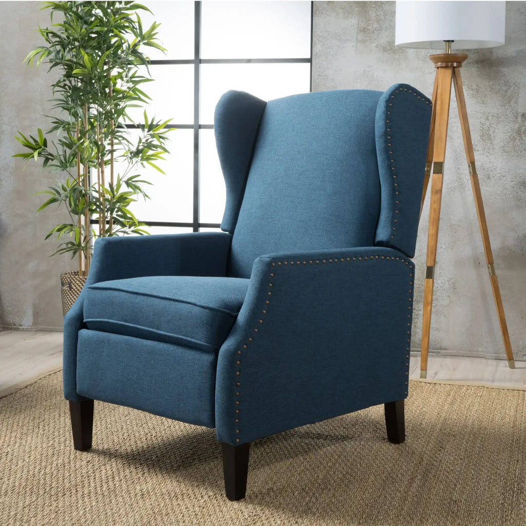 Westeros Wing Back Fabric Upholstered Recliner with Studded Trim – Multiple Colors