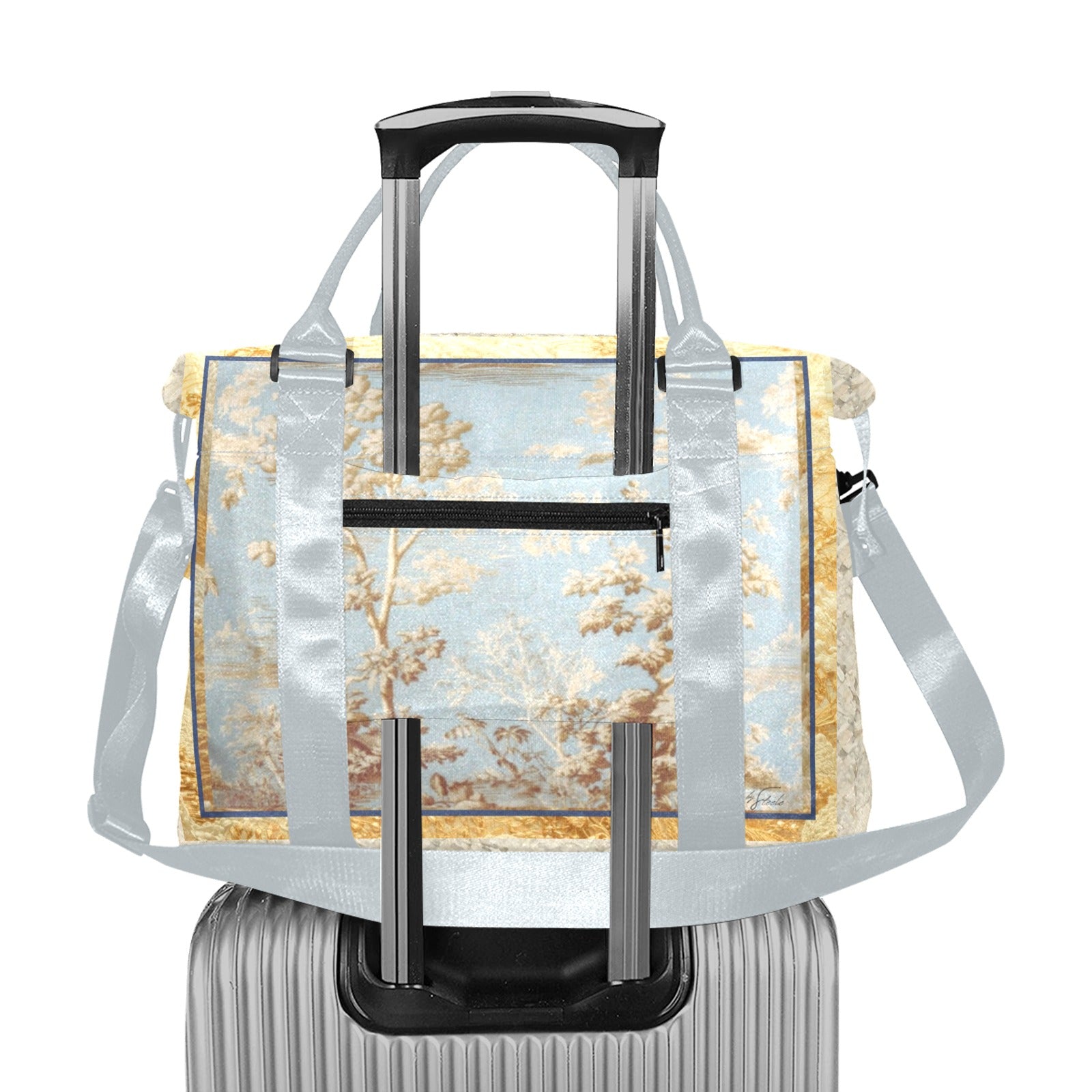 Gold Tapestry Blue Toile Smaller Duffle Travel Bag — Back Alley Exclusive