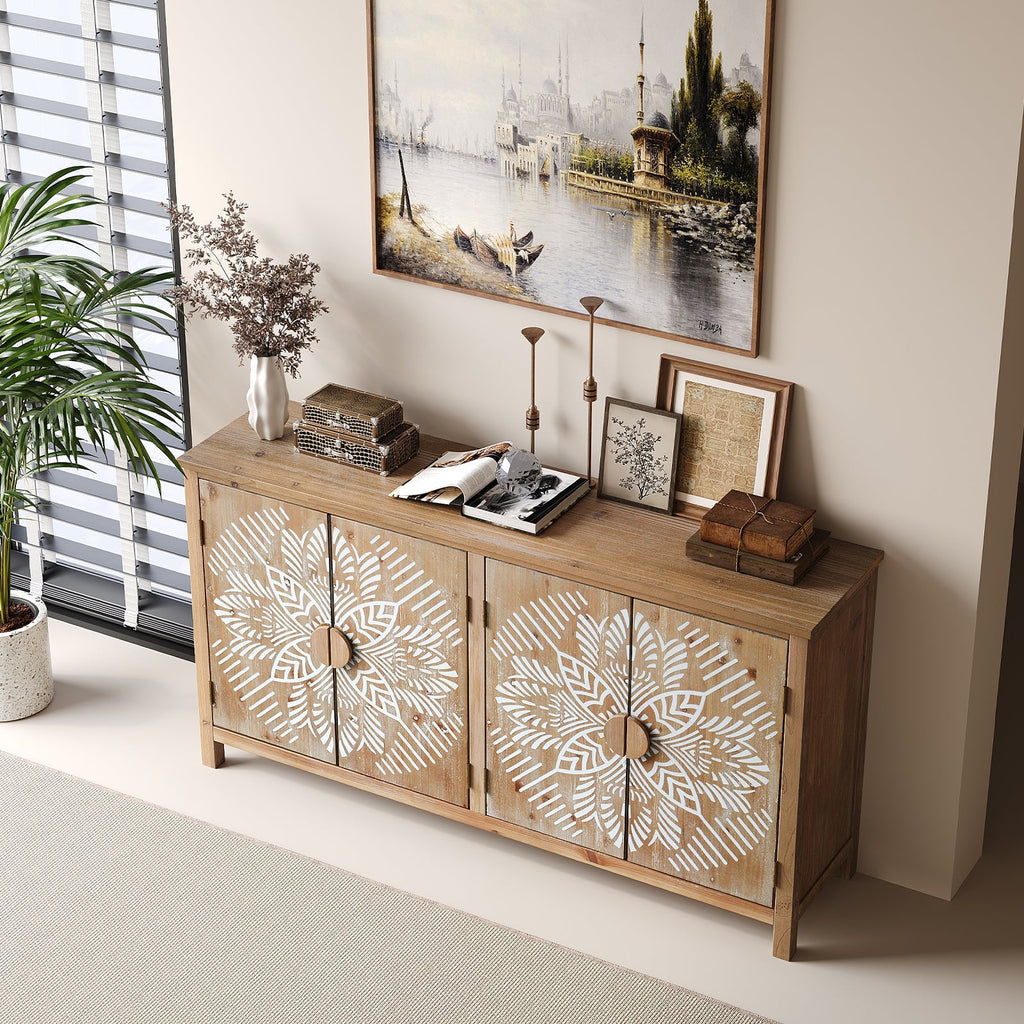 60" Wood Accent Cabinet with 4 Doors - Antique Brown and White