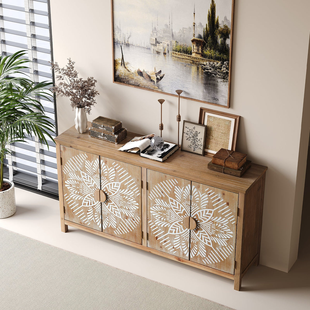 60" Wood Accent Cabinet with 4 Doors - Antique Brown and White