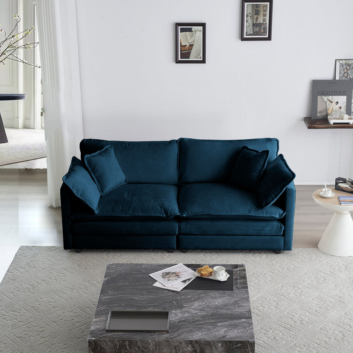 Modern Blue Fabric Loveseat Sofa with Solid Wood Frame - Blue
