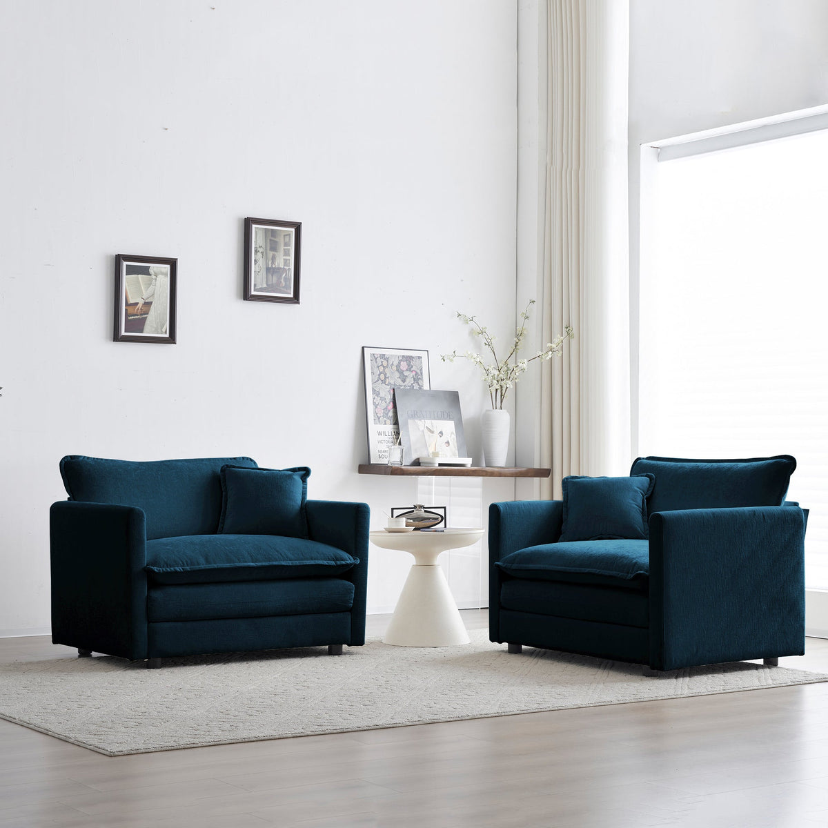 Blue Chenille Upholstered Accent Chair Set of 2 with Solid Wood Frame