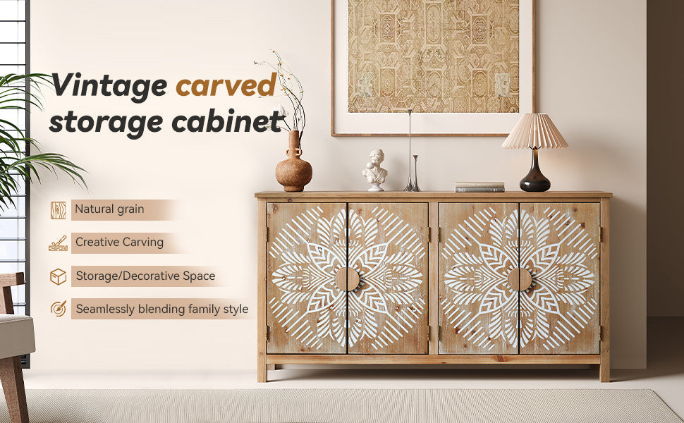 60" Wood Accent Cabinet with 4 Doors - Antique Brown and White