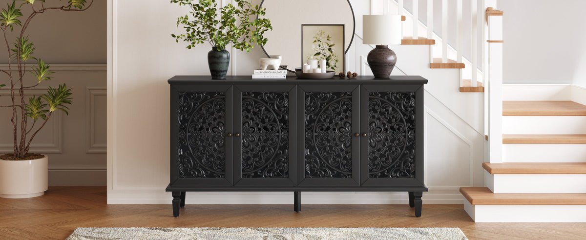 60" Antique Buffet Cabinet with Floral Carvings - Black