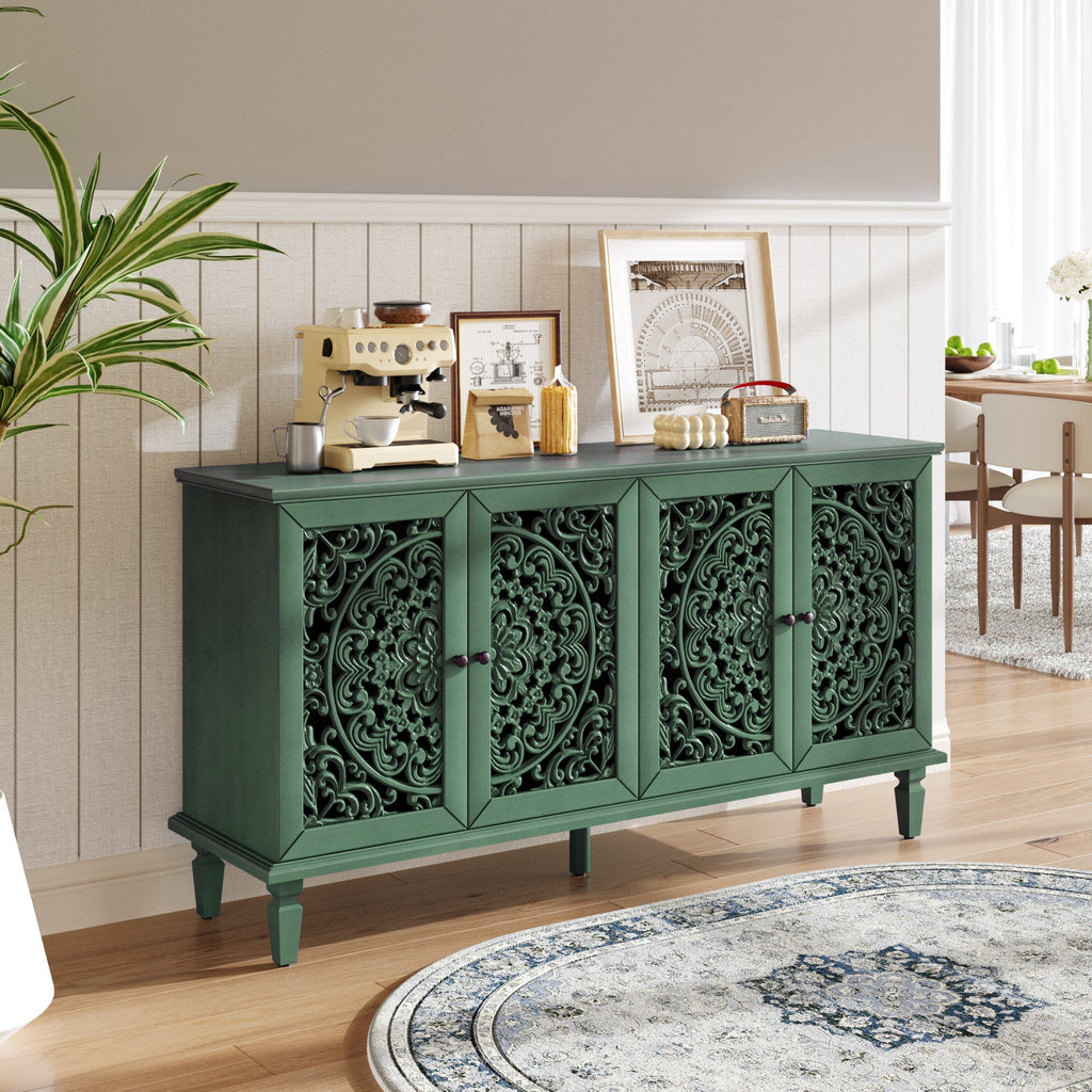 60-Inch Antique Buffet Cabinet with Floral Carvings - Antique Green