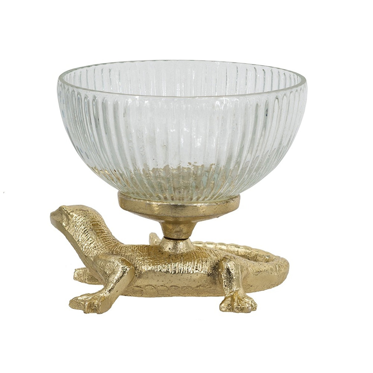 Gold Lizard Pedestal Bowl with Ribbed Glass Dish - Gold+Clear