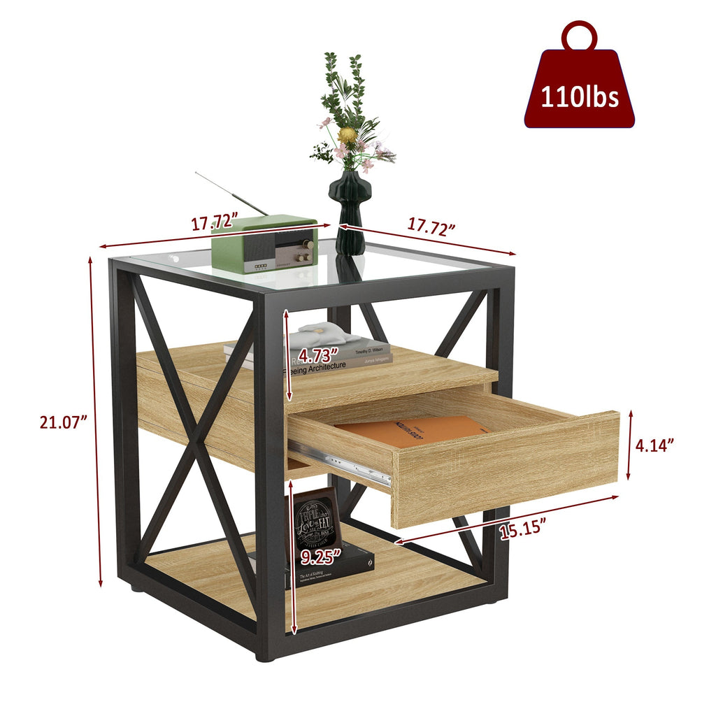 Modern End Tables with Drawer - Set of 2 Nightstands with Tempered Glass Top