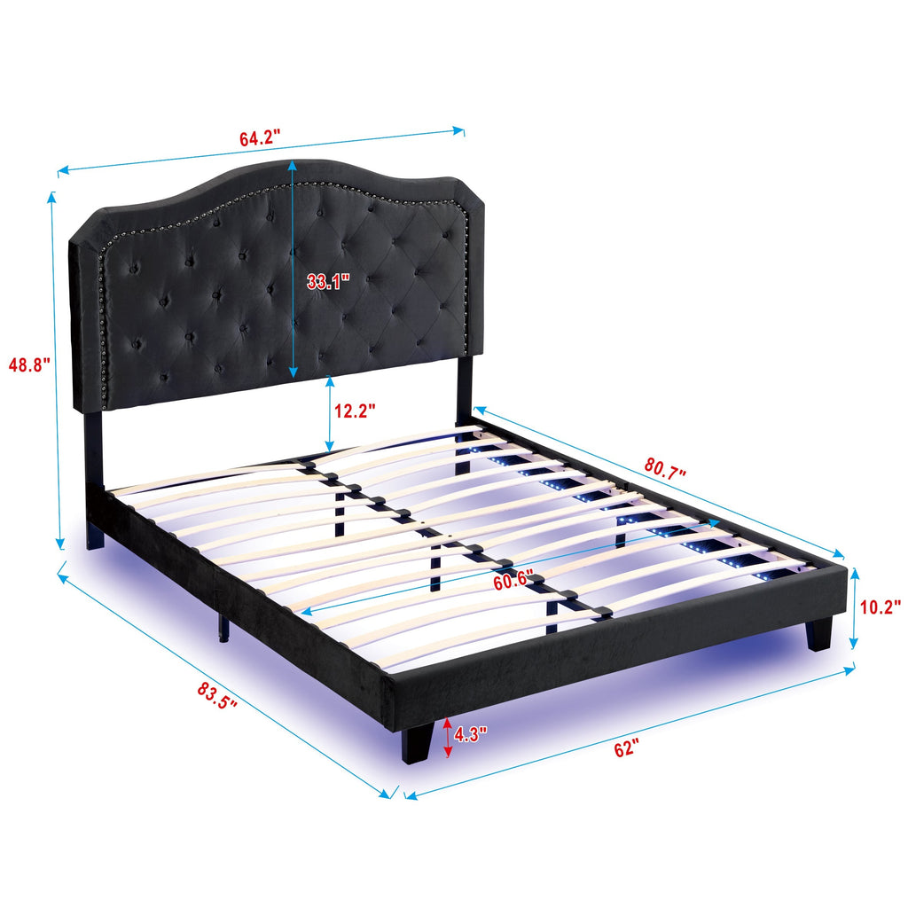 Queen Upholstered Bed Button Tufted with Curve Design