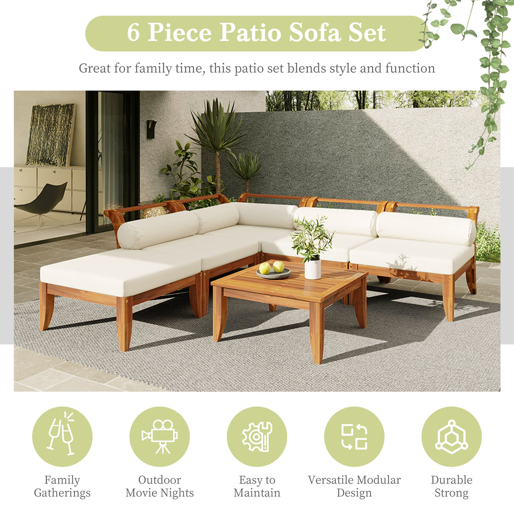 6 Piece Acacia Wood Outdoor Modular Sectional with Daybed - Teak Beige