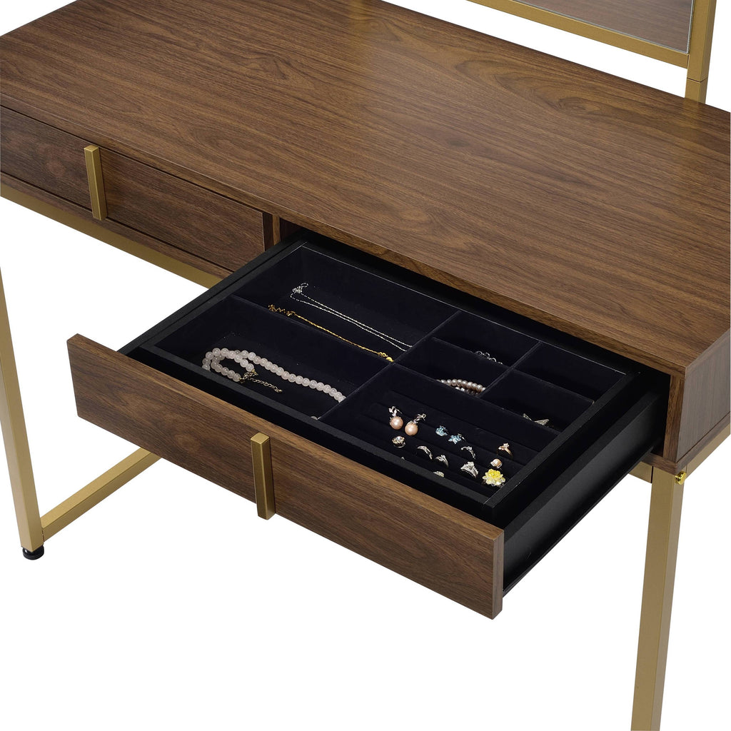 Walnut & Gold Finish Vanity Desk with Mirror & Jewelry Tray – Coleen