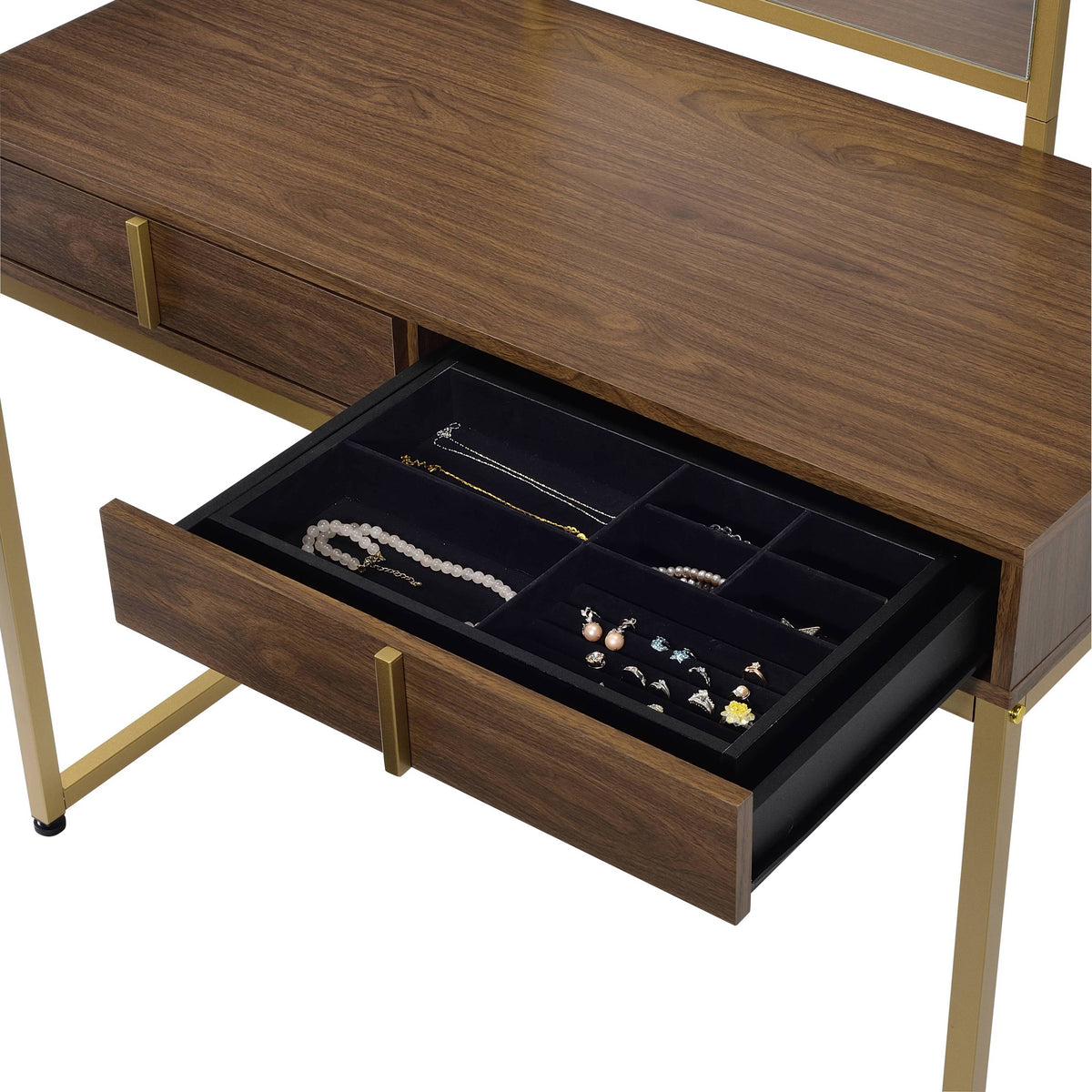 Walnut & Gold Finish Vanity Desk with Mirror & Jewelry Tray – Coleen