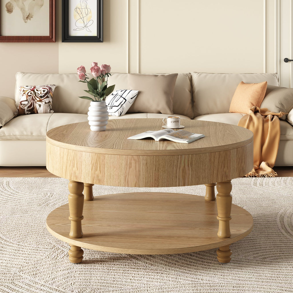 Coffee Table with Dual Storage - Natural Wood, 31.5" Round