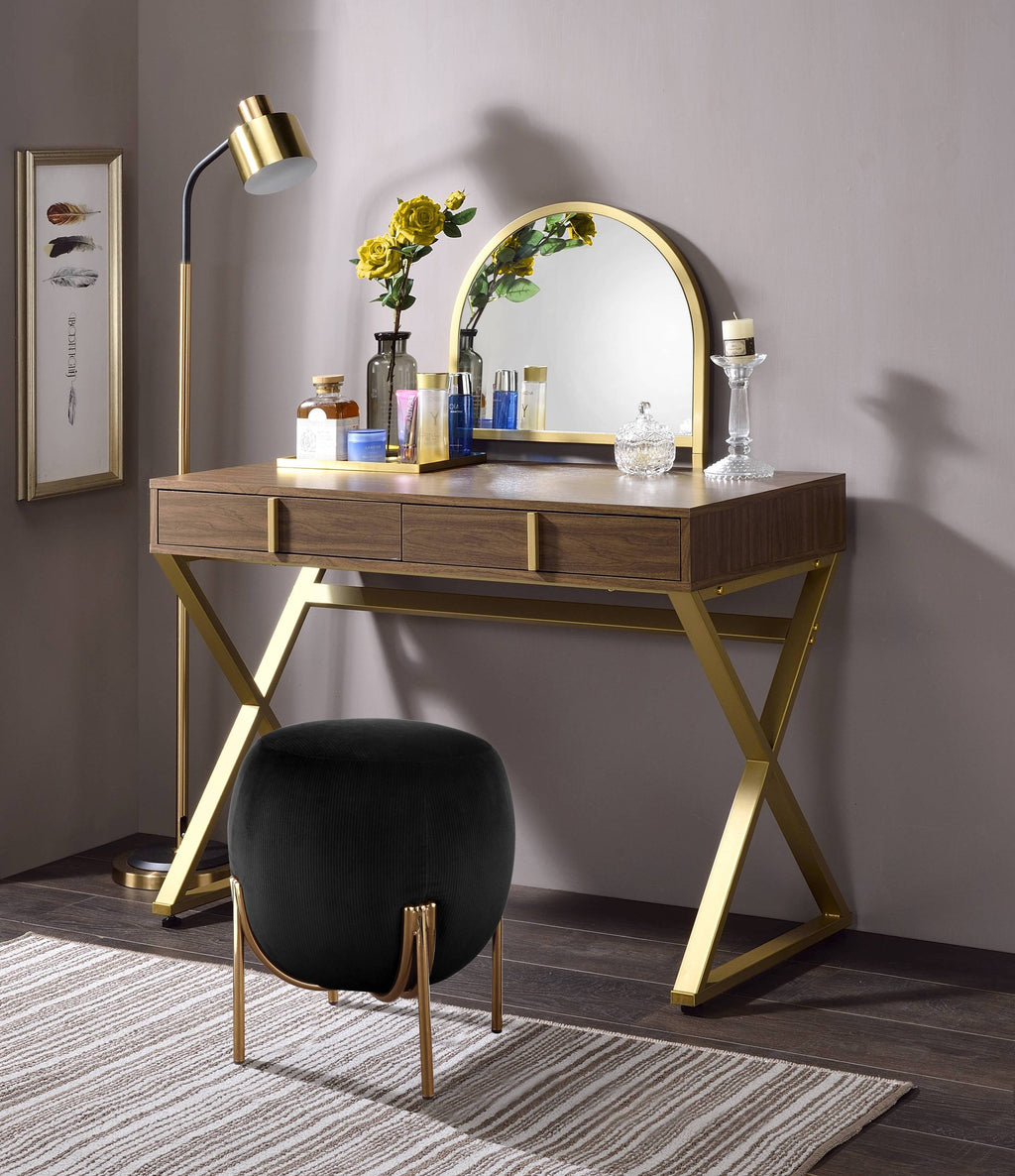 Walnut Vanity Desk with Mirror & Jewelry Tray - Gold Finish