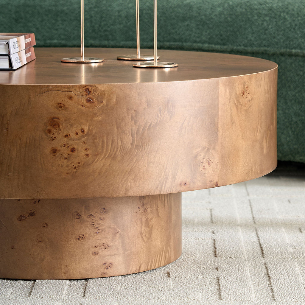 Walnut Burl Wood Veneer Round Coffee Table with Pedestal Base - Walnut