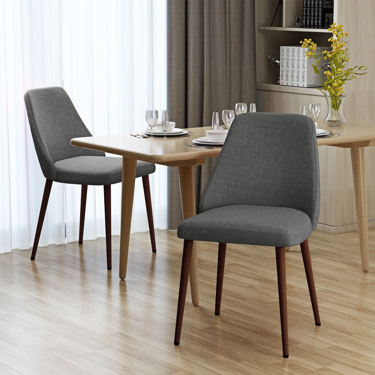 Modern Dining Chair with Iron Legs and Wood Finish - Dark Gray or Light Brown