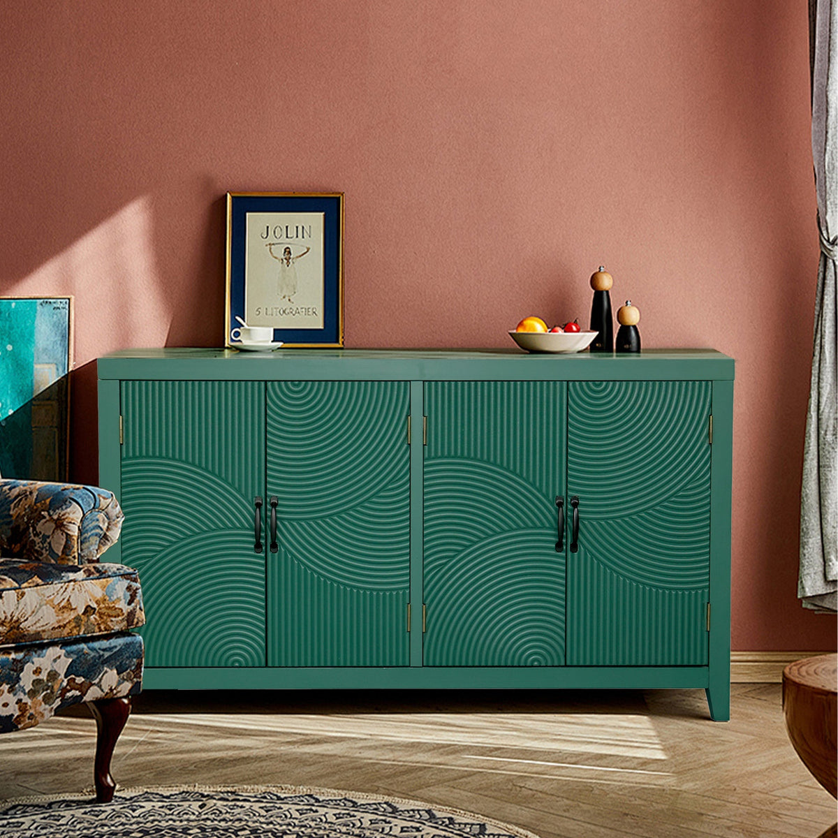 59in Green Accent Cabinet with 4 Doors - Mid Century Modern Buffet - Dark Green