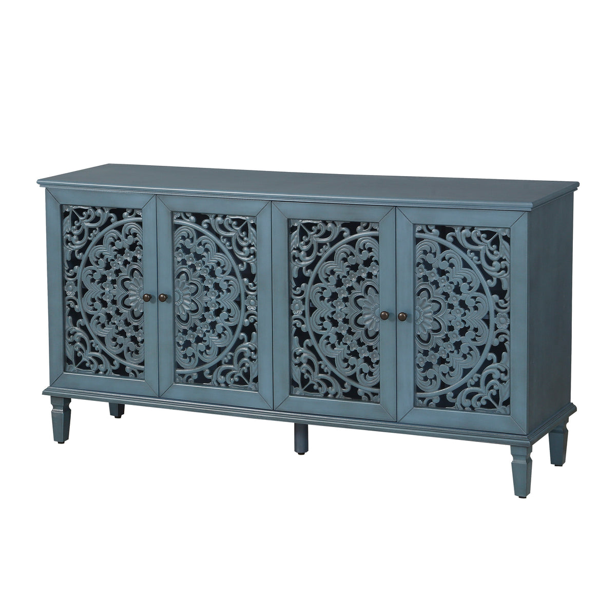 Antique Blue Buffet Cabinet with Floral Carvings and Adjustable Shelves