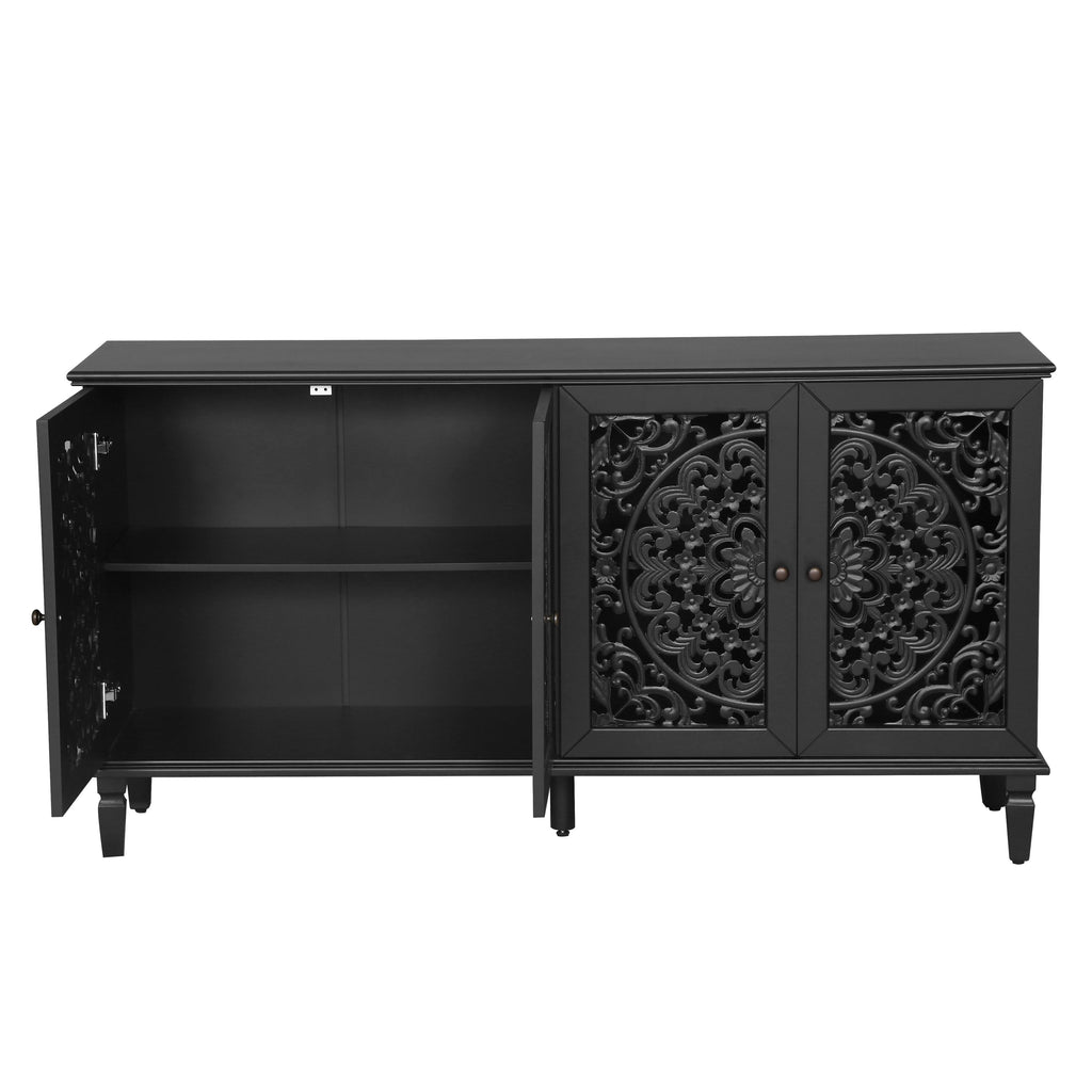 60" Antique Buffet Cabinet with Floral Carvings - Black