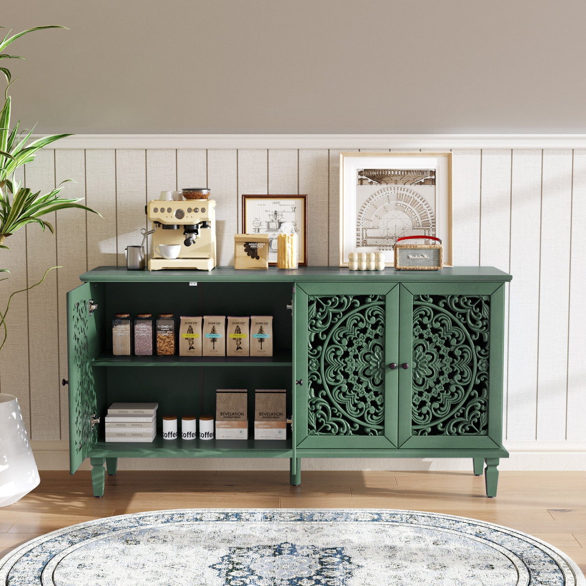 60-Inch Antique Buffet Cabinet with Floral Carvings - Antique Green