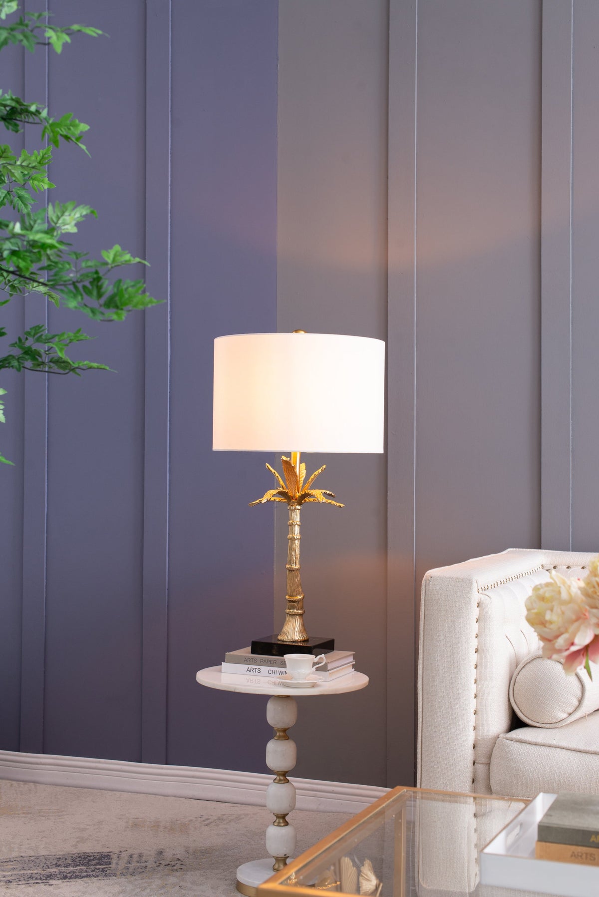D16x31' Leaf Lamp with Marble Base Gold