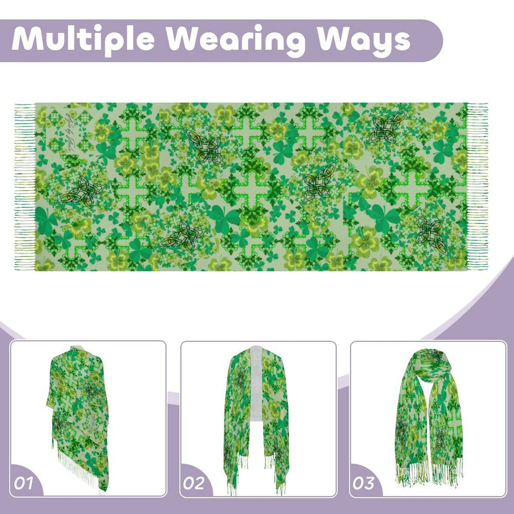 Clover and Celtic Crosses Tassel Scarf - Exclusive to Back Alley