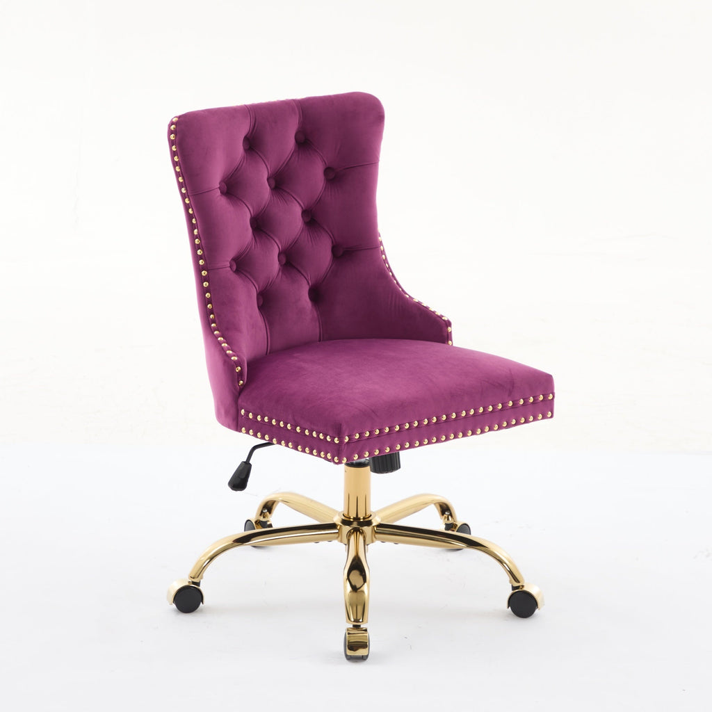 Purple Modern Velvet Upholstered Office Chair with Tufted Buttons - Golden Accents