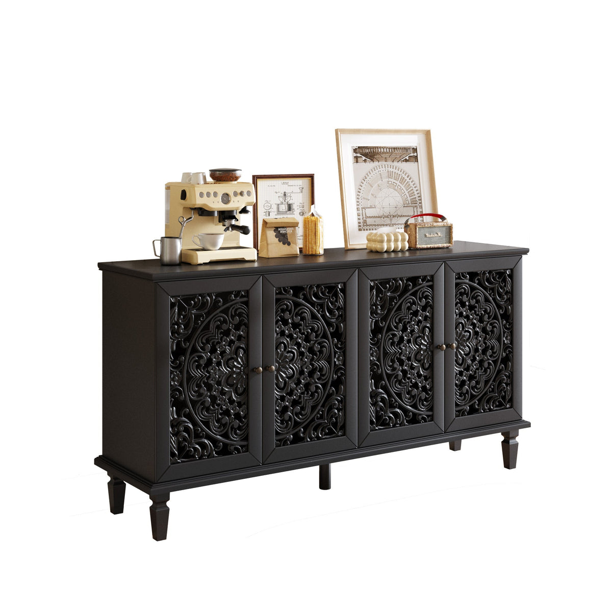 60" Antique Buffet Cabinet with Floral Carvings - Black